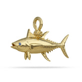 Gold Yellowfin Tuna Pendant High Polished With Blue Sapphire Eye with A Mariner Shackle Bail Custom Designed By Nautical Treasure Jewelry